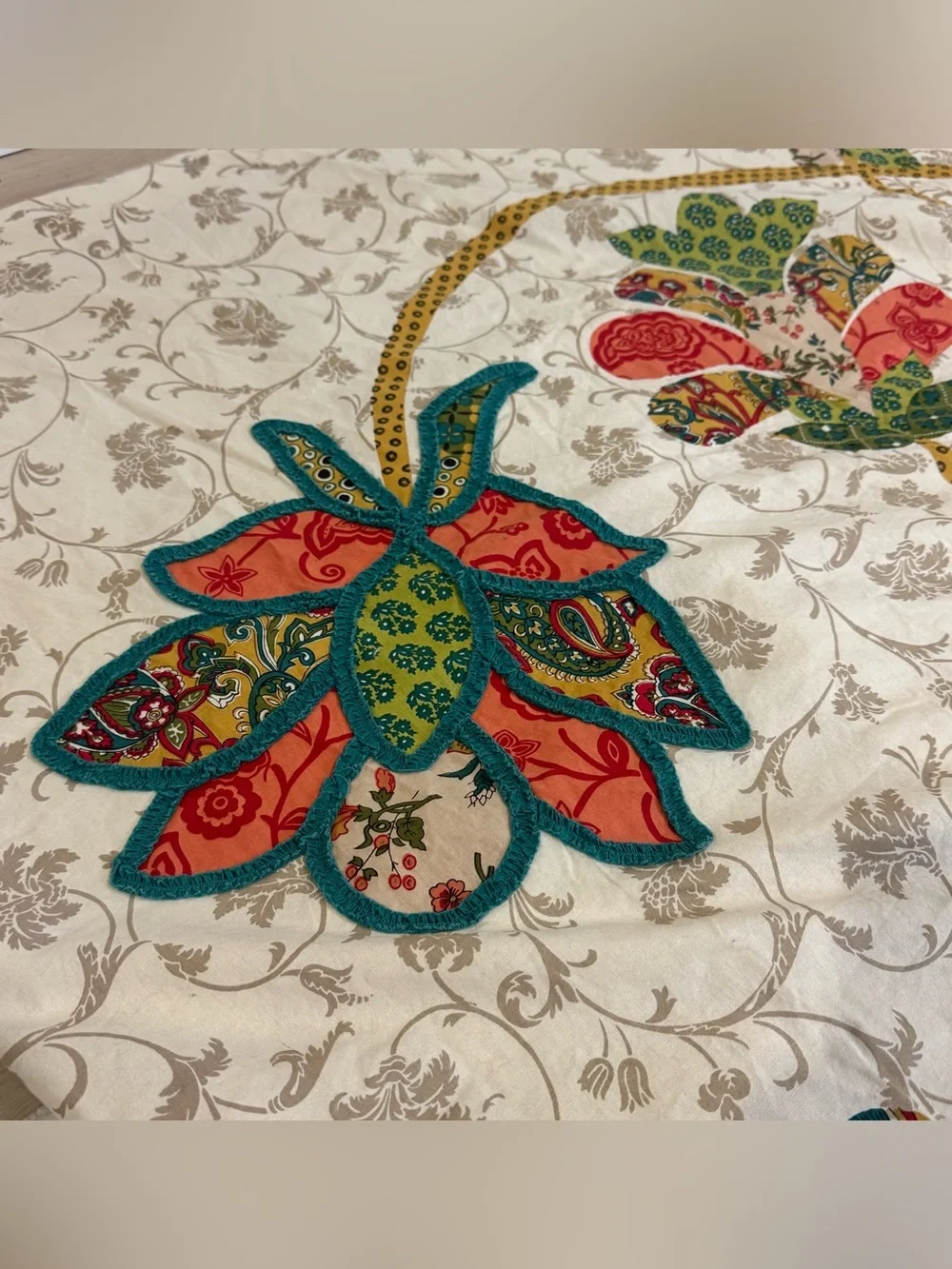 Pier 1 Boho Floral Patchwork Applique Panel Curtain Set 2 Blue Coral Multi 82x52